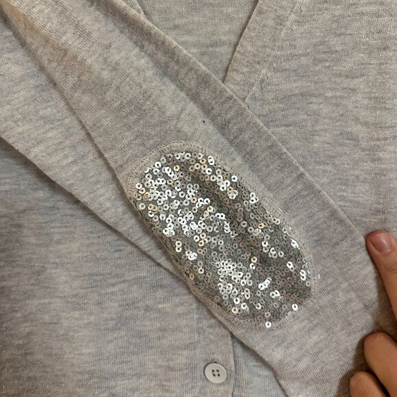 Old Navy Gray Button Front Cardigan with Sequin Elbow Patches Size M EUC - Picture 4 of 6